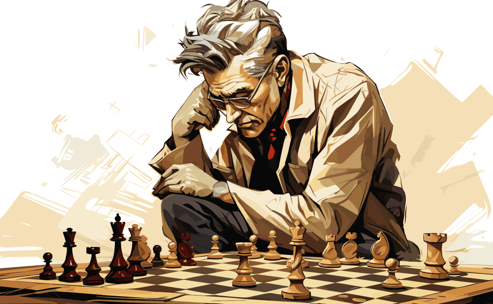 Drawn image of chess player at a board.