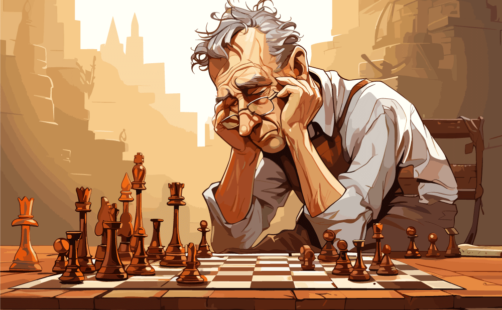 Drawn image of chess player at a board.