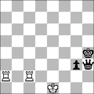 b&w chess diagram of Queen vs two Rooks endgame