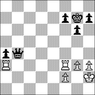 b&w chess diagram of Queen vs two Rooks endgame