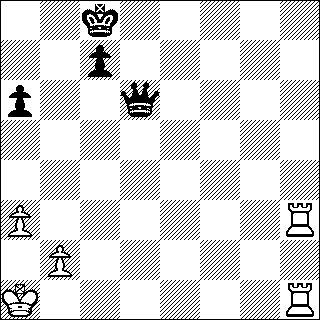 b&w chess diagram of Queen vs two Rooks endgame