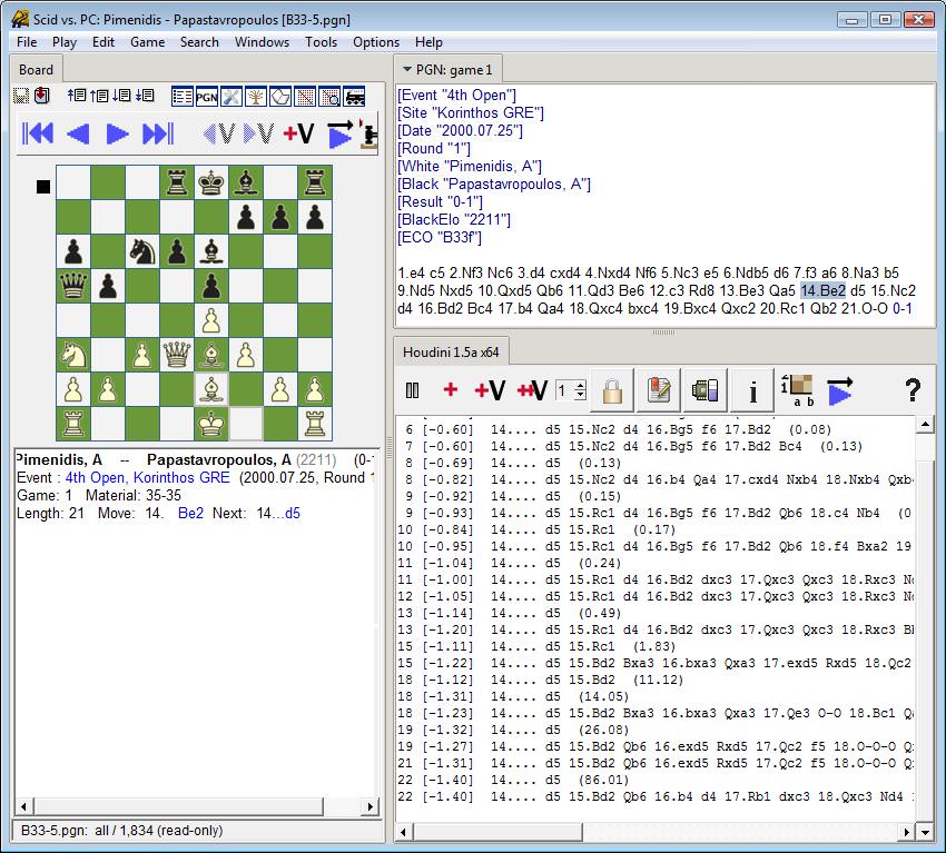 Color photograph of SCID gui analyzing a chess position